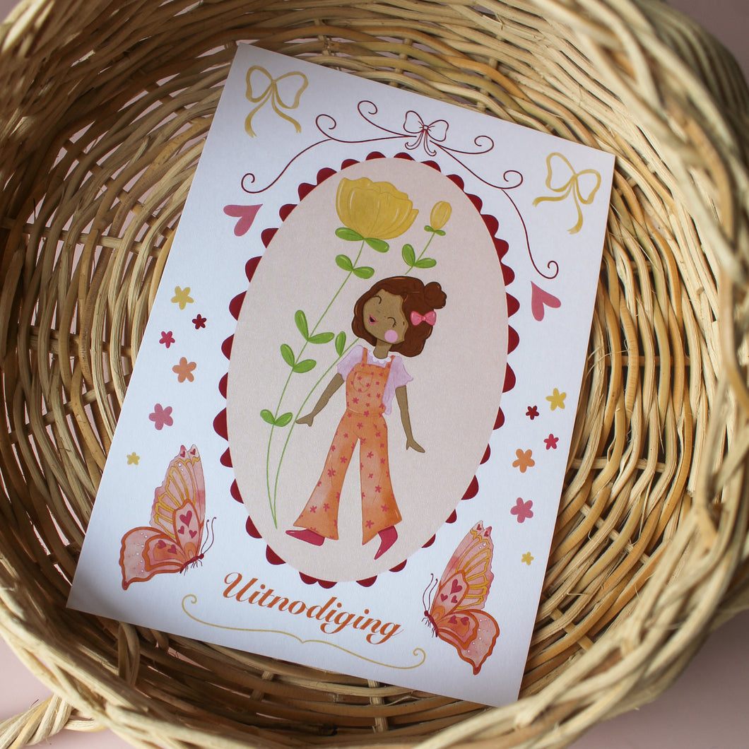 Uitnodiging kinderfeestje - bloemen en vlinders