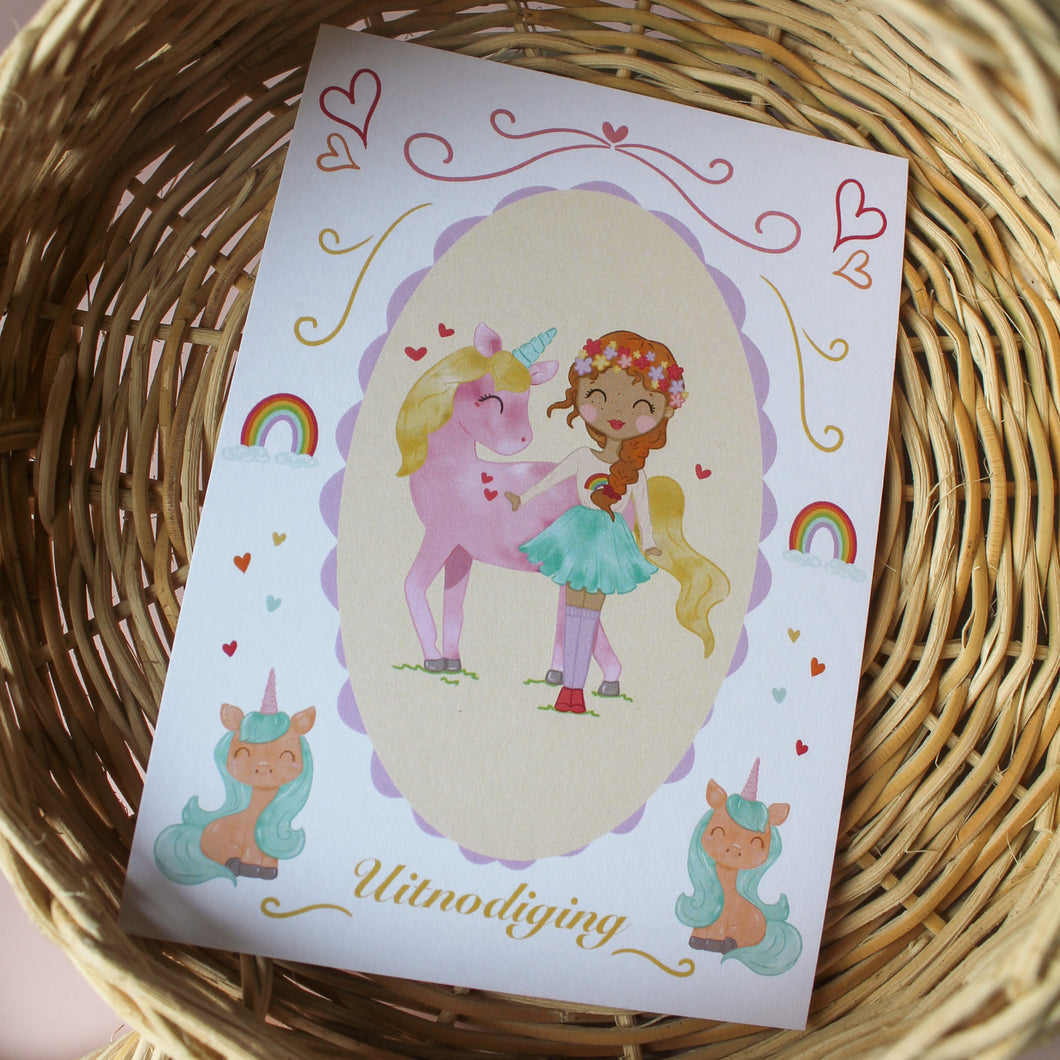 Uitnodiging kinderfeestje - eenhoorns en regenbogen